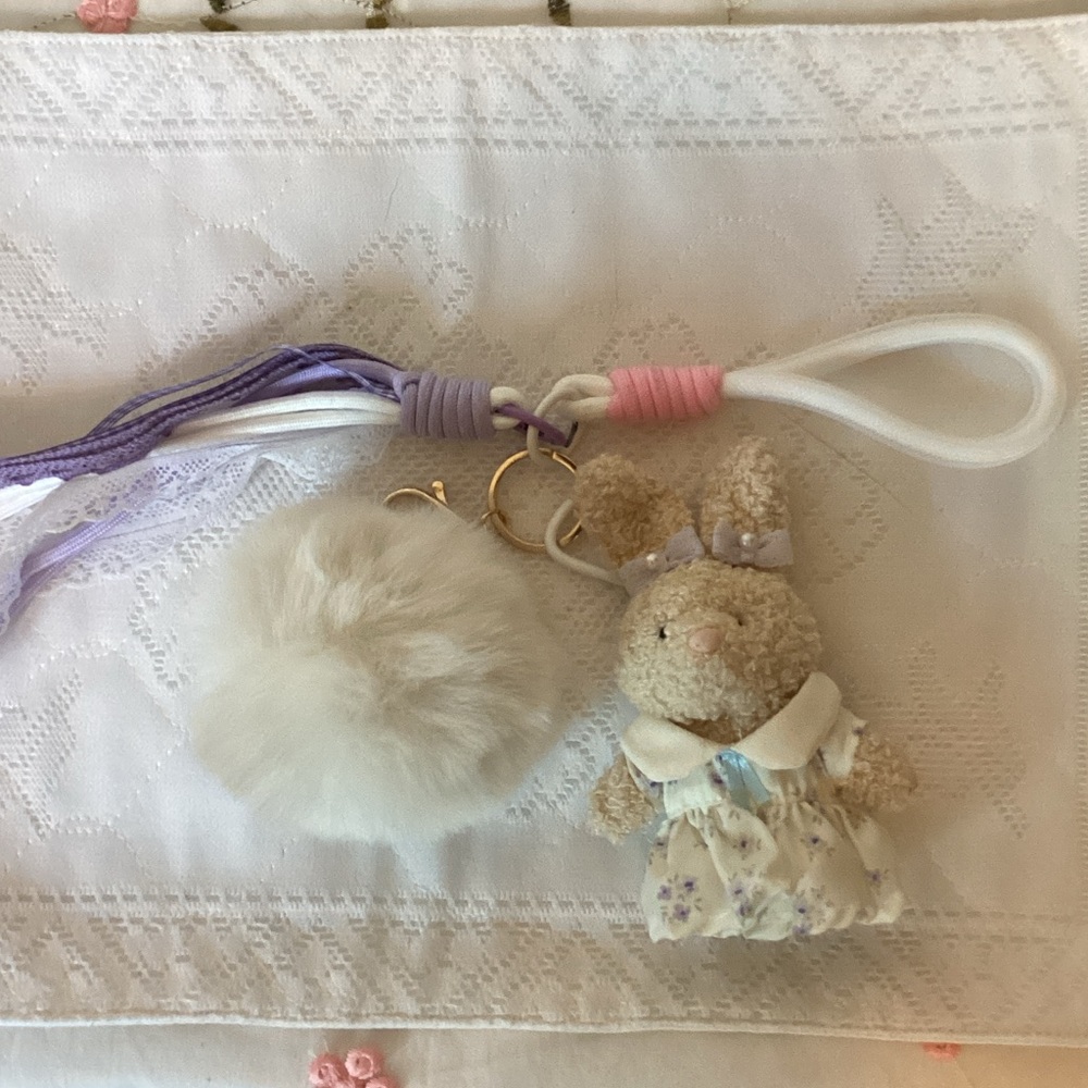 Artisan Plush Bunny & Faux Fur Pom Key Holder - Cream, Lavender, Pink